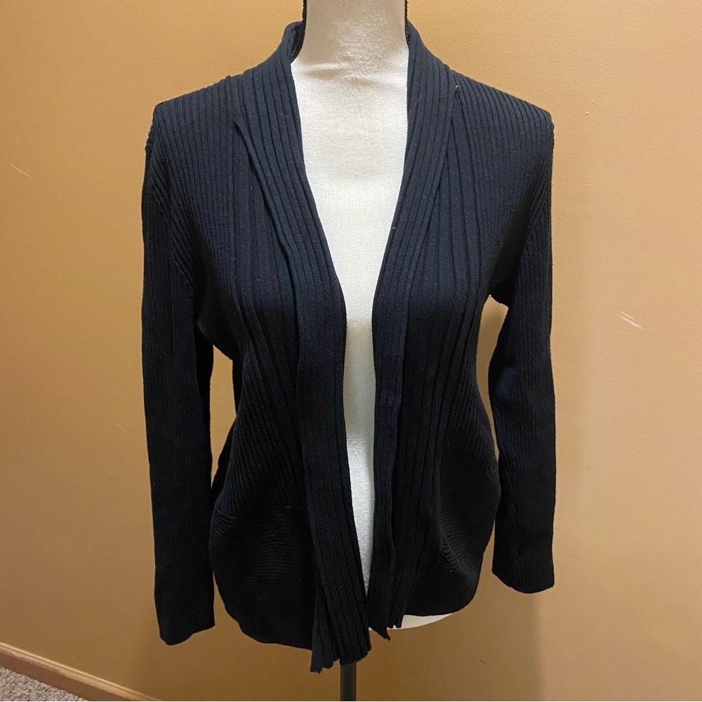 Woman’s Debbie Morgan black acrylic open front ribbed cardigan sweater sz L